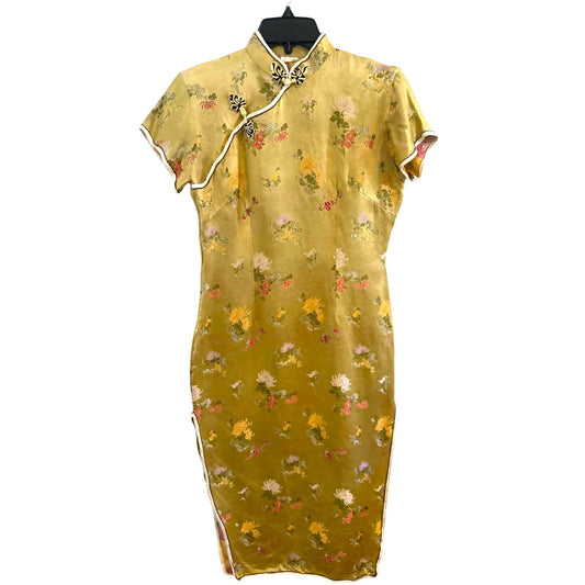 Vintage Gold Cheongsam Satin Dress Size 38