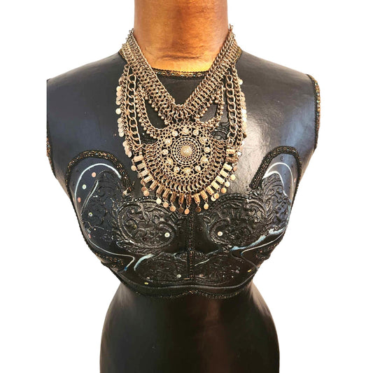 ONLY ONE!!! Vintage Gold Egyptian Revival Necklace Large Disc Circular Tassels Adjustable