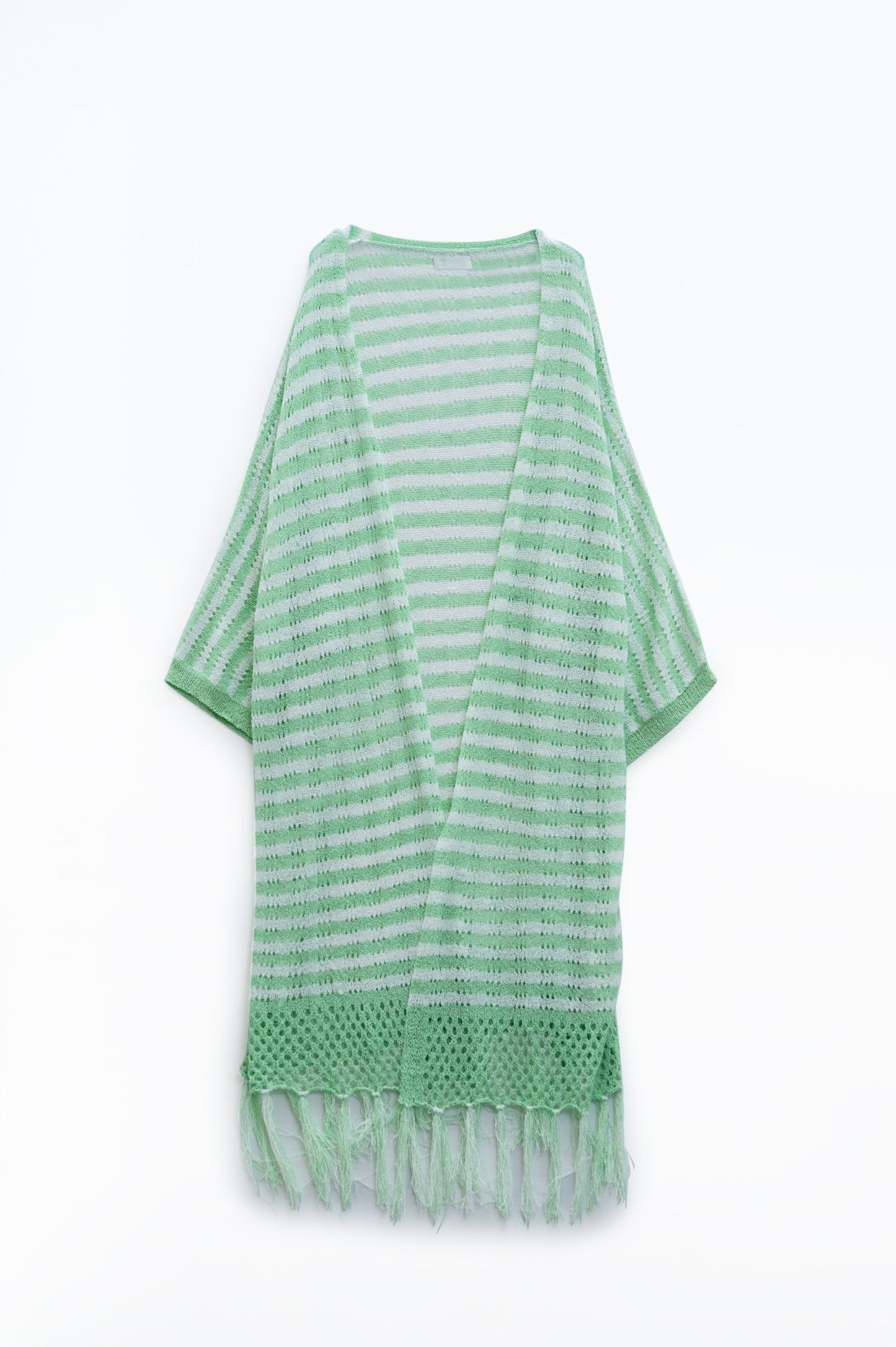 Q2 Green Boho Fringe Pointelle Knit Midi Cardigan