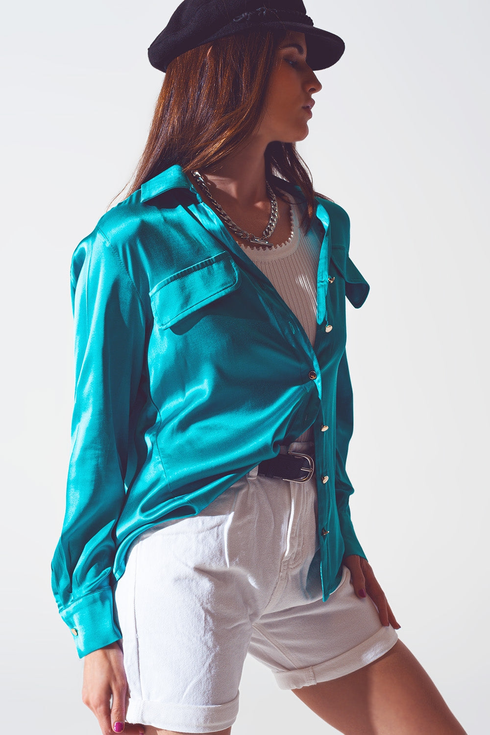 Q2 Turquoise Satin Blouse – Wide Collar, Relaxed Fit, Long Sleeve