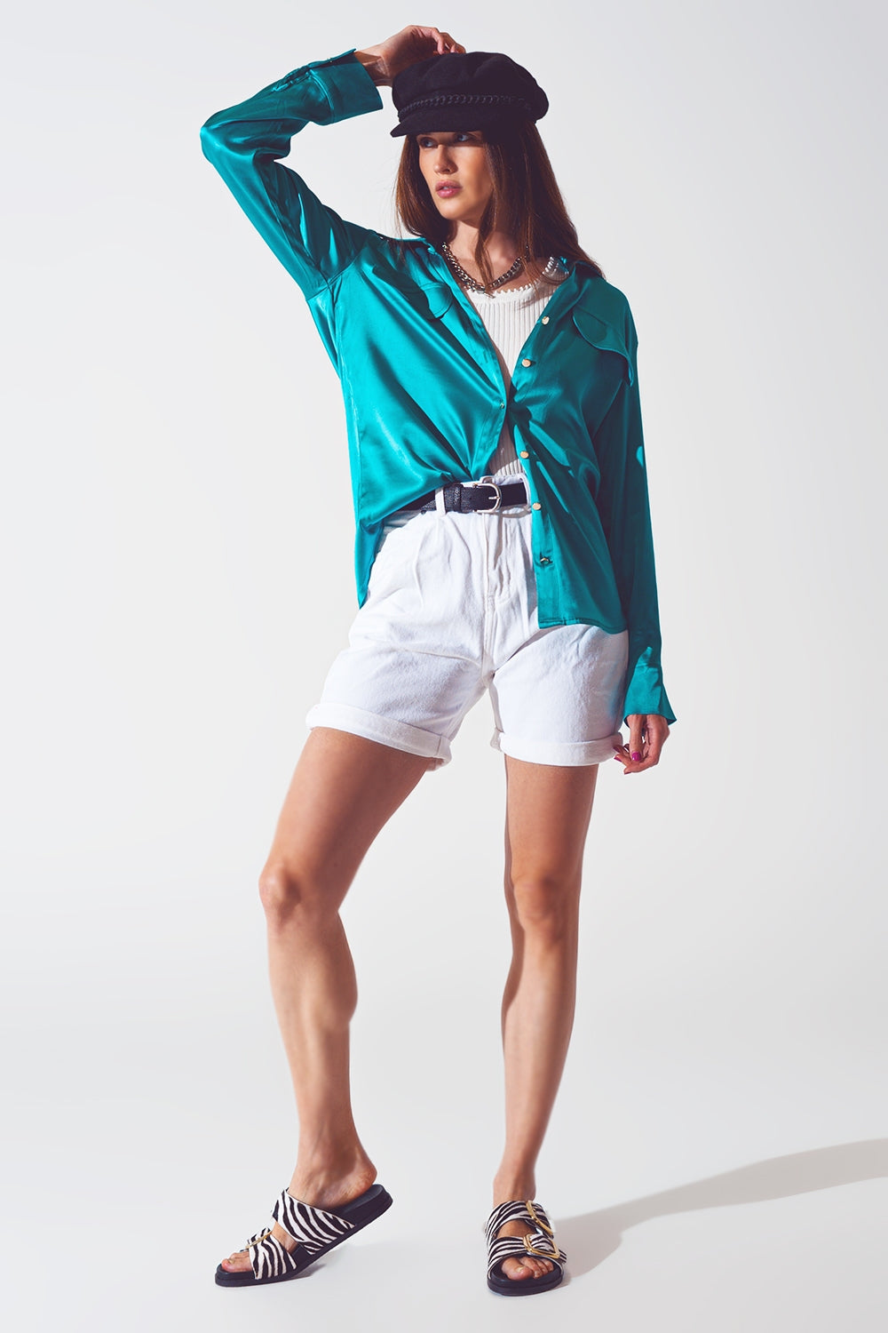 Q2 Turquoise Satin Blouse – Wide Collar, Relaxed Fit, Long Sleeve