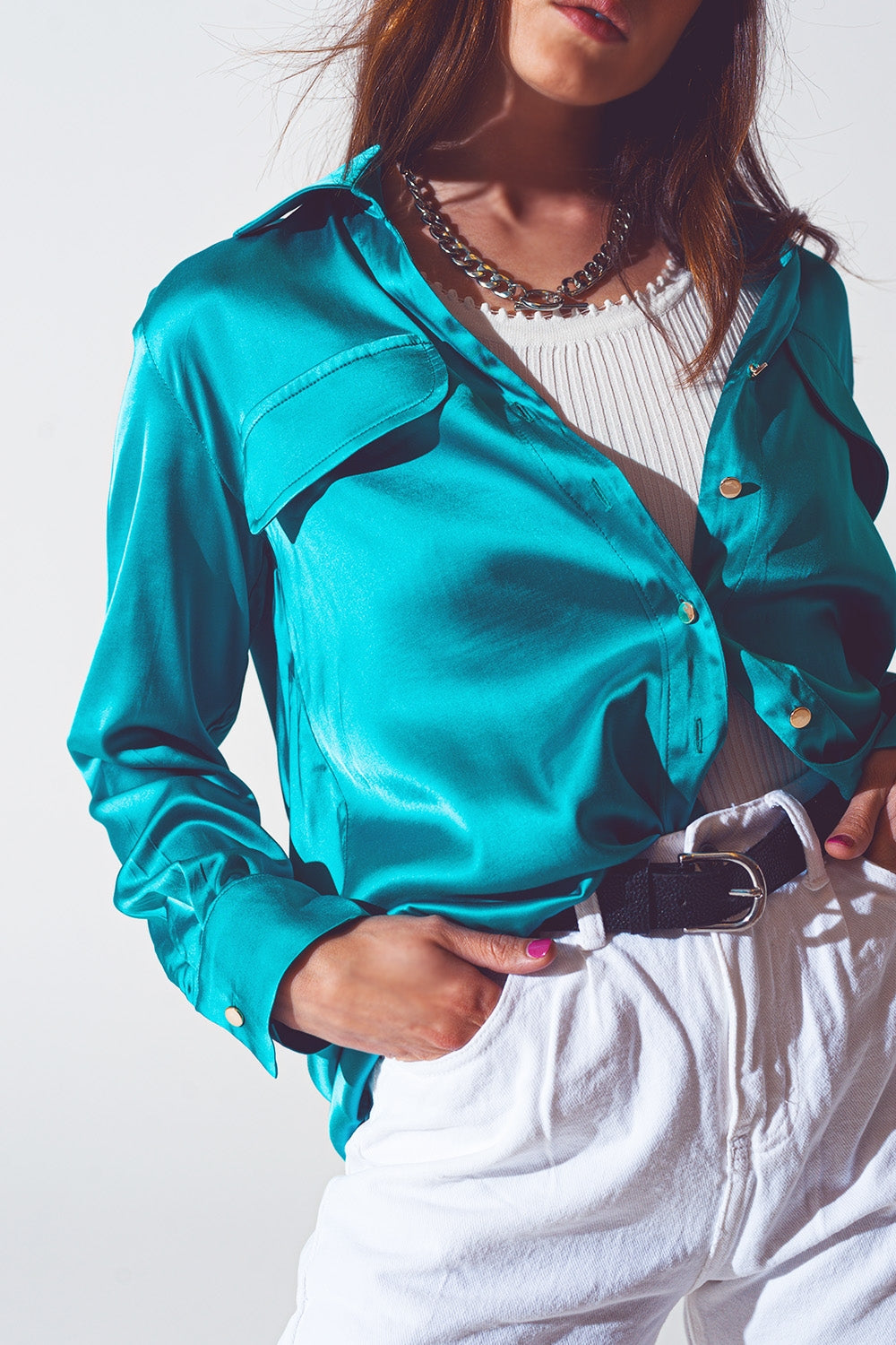 Q2 Turquoise Satin Blouse – Wide Collar, Relaxed Fit, Long Sleeve