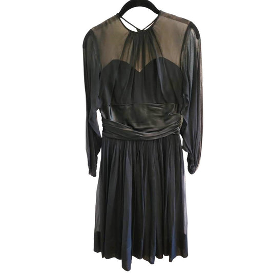 ONLY ONE!!! Vintage 1950s Black Chiffon Cocktail Dress – Sheer Illusion Bodice & Full Swing Skirt