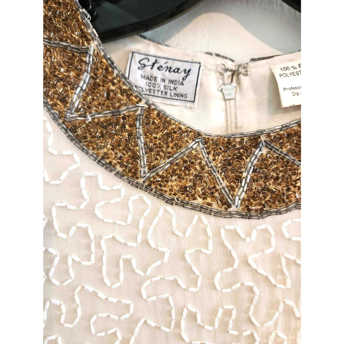 ONLY ONE!!! Vintage Stenay 100% Silk White Gold Beaded Dress ~ Size 4