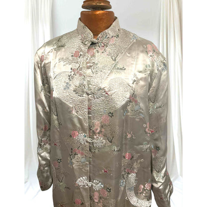 Vtg Gold Asian Satin Brocade Long Cheongsam Robe Jacket Embroidered Floral Sz XL