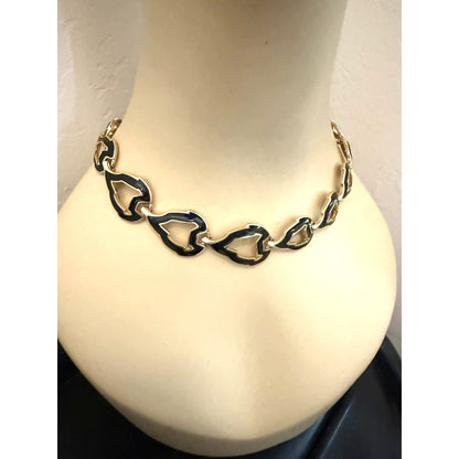 Vintage Trifari Black Enamel Gold Tone Necklace 18”