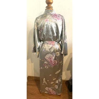 Kim + Ono Silver Floral Gray Crane Kimono Satin Robe ~ L