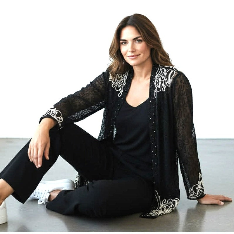 ONLY ONE!!! Vintage 1980s Black Silk & Pearl Beaded Evening Dress & Matching Jacket