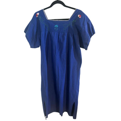 Vintage Mexican Embroidered Blue Cotton Folk Dress ~ Size M/L