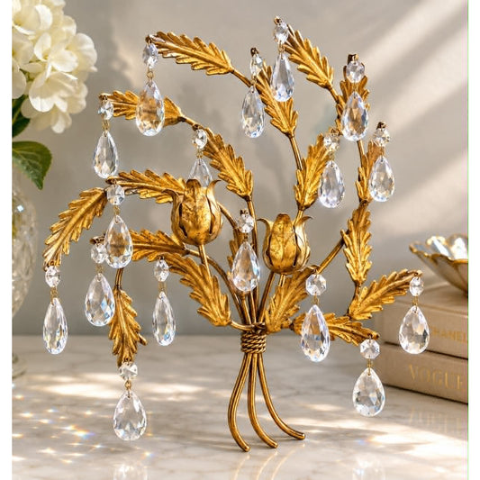 Vintage Hollywood Regency Italian Tole Glass Crystal Floral Wall Hanging Decor