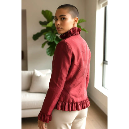 Lafayette 148 Silk Ruffle Jacket | Burgundy Made in NYC | Size 12