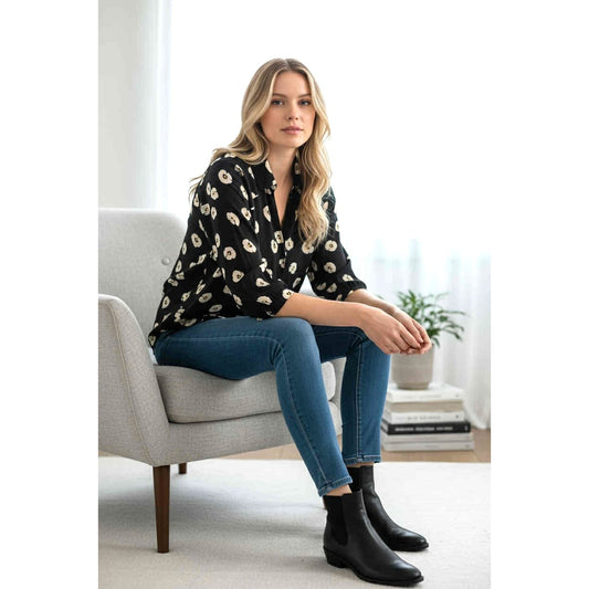 cabi Go To Sheer Floral Button-Up Blouse | Navy & White | Curated Classic