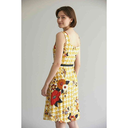 ModCloth Yellow Houndstooth Floral Fit & Flare Dress Size XS