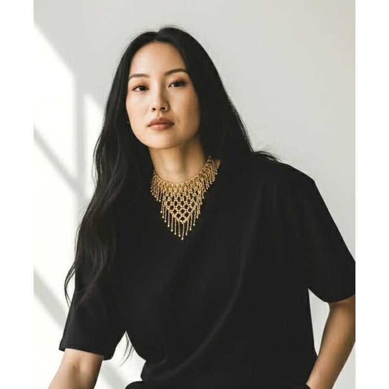 ONLY ONE!!! Vintage Gold Tone Ethnic Triangular Bib Necklace Chime Fringe Statement Jewelry