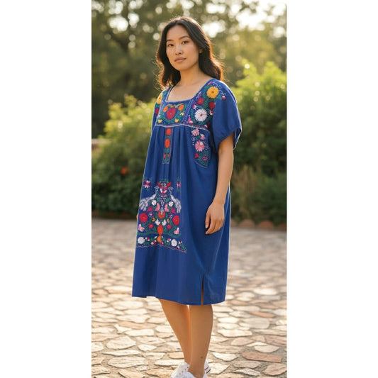 Vintage Mexican Embroidered Blue Cotton Folk Dress ~ Size M/L