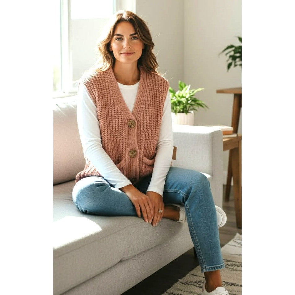 Hapnics Pink Chunky Knit Button-Front Sweater Vest | Size S