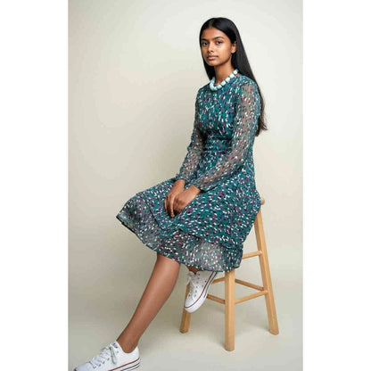 ONLY ONE!!! Vintage Doncaster Teal Chiffon Animal Print Drop Waist Dress Handkerchief Hem 8