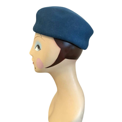 Vintage 80s Liz Claiborne Blue Wool Felt Pillbox Hat