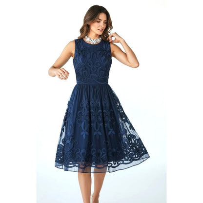 Belle Badgley Mischka Navy Lace Fit Flare Dress Size 6