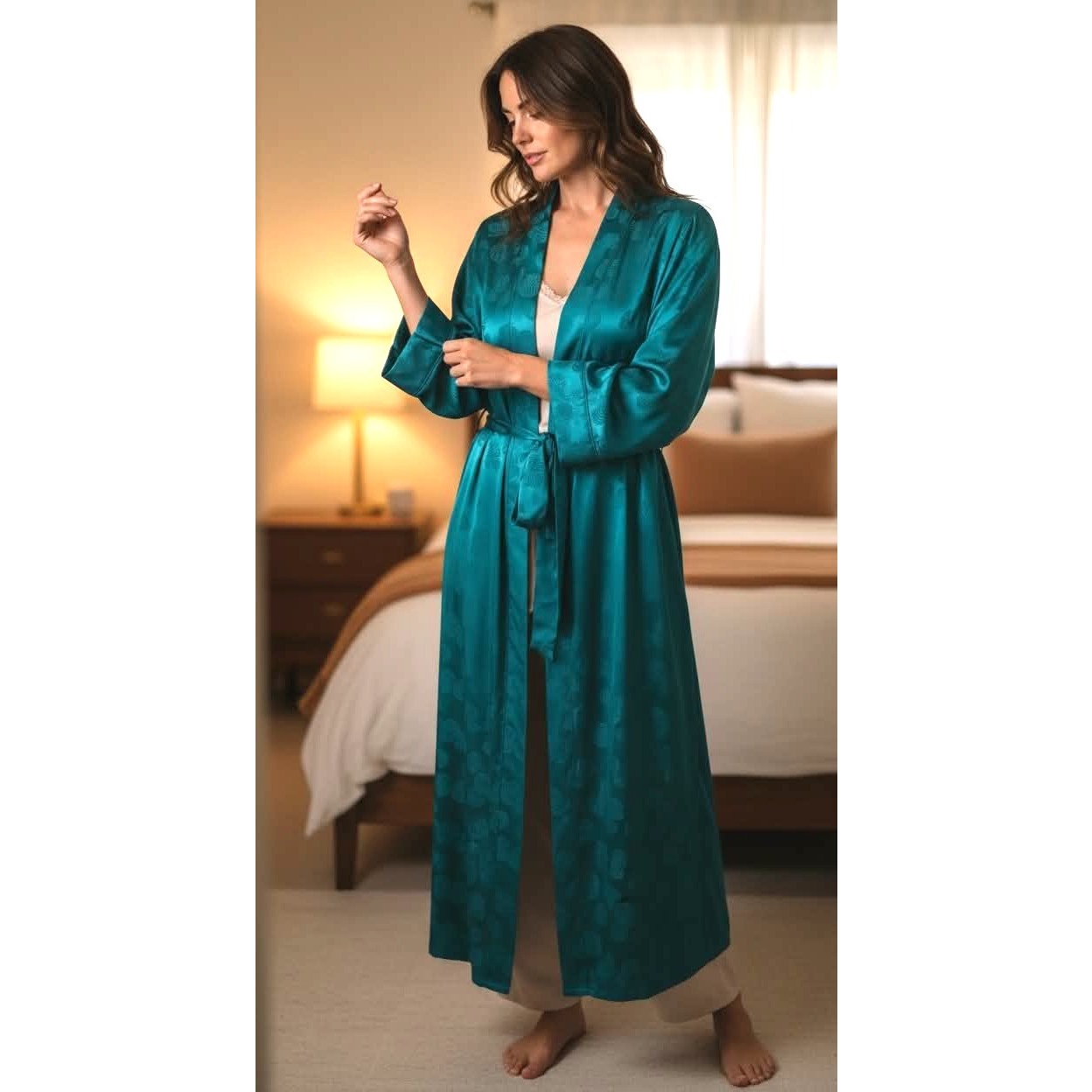 Vintage Galadriel 100% Pure Silk Teal Robe with Belt & Pockets NWT