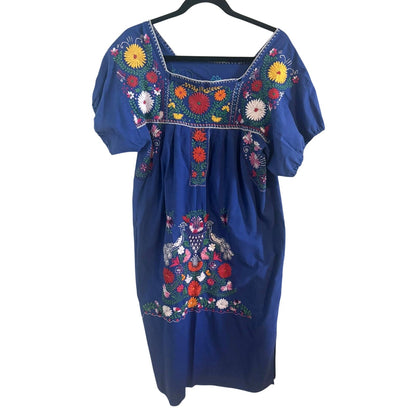 Vintage Mexican Embroidered Blue Cotton Folk Dress ~ Size M/L