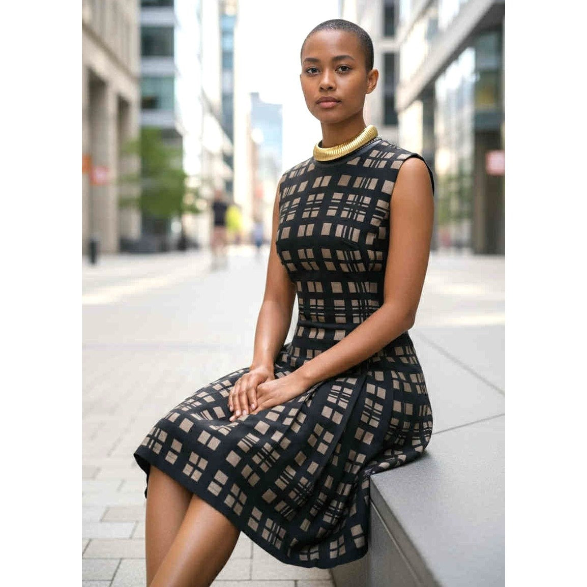 ONLY ONE!!! Vintage David Smith Black Gold Check Sleeveless Pleated Dress S