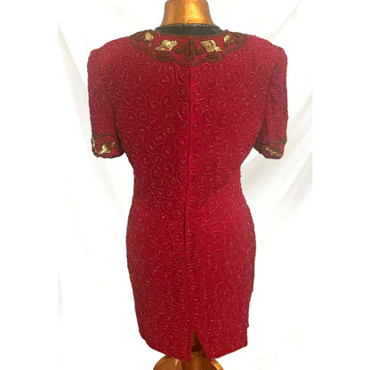 ONLY ONE!!! Vintage Night Vogue Red Silk Beaded Sequin Dress L