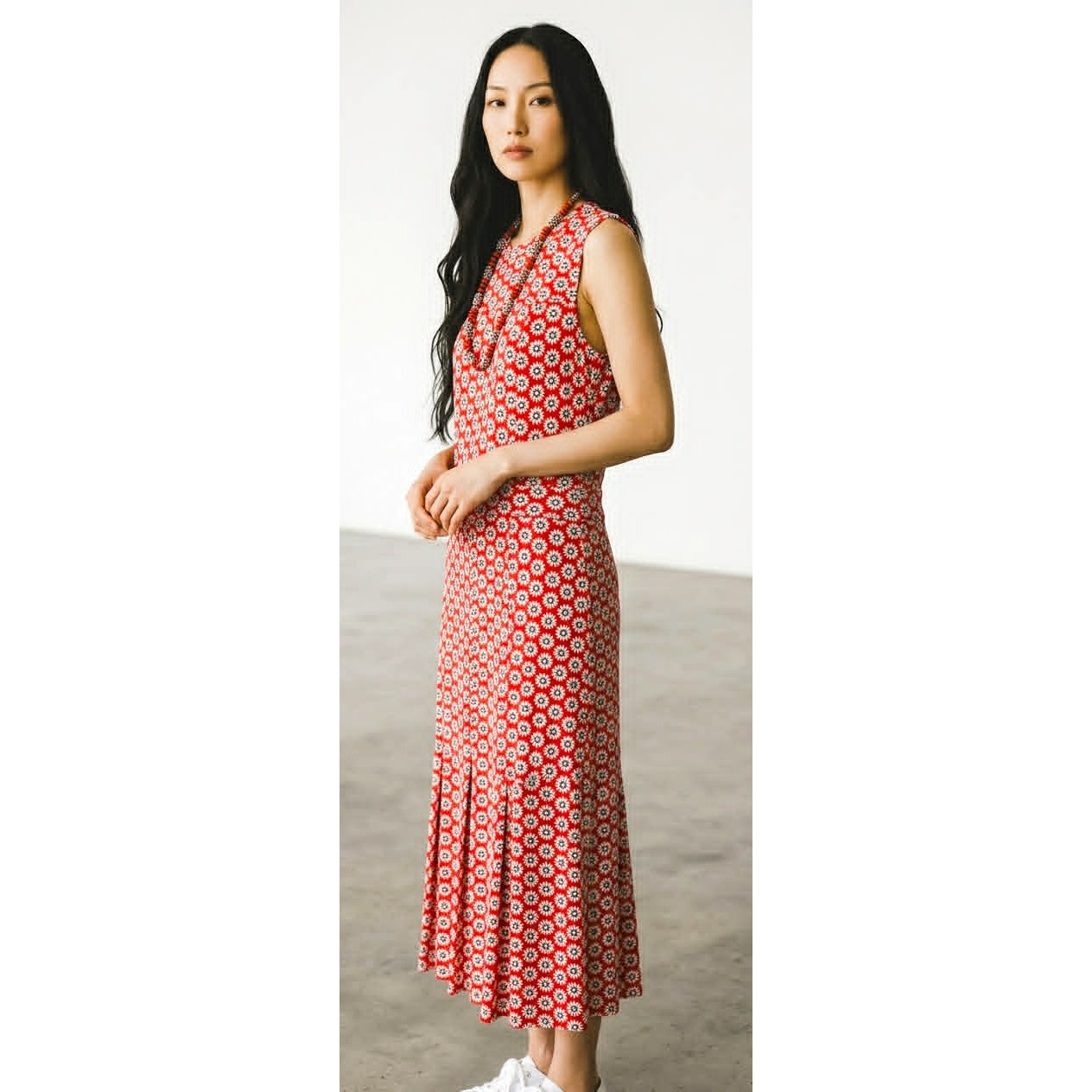 Tory Burch Red Daisy Print Midi Dress XS