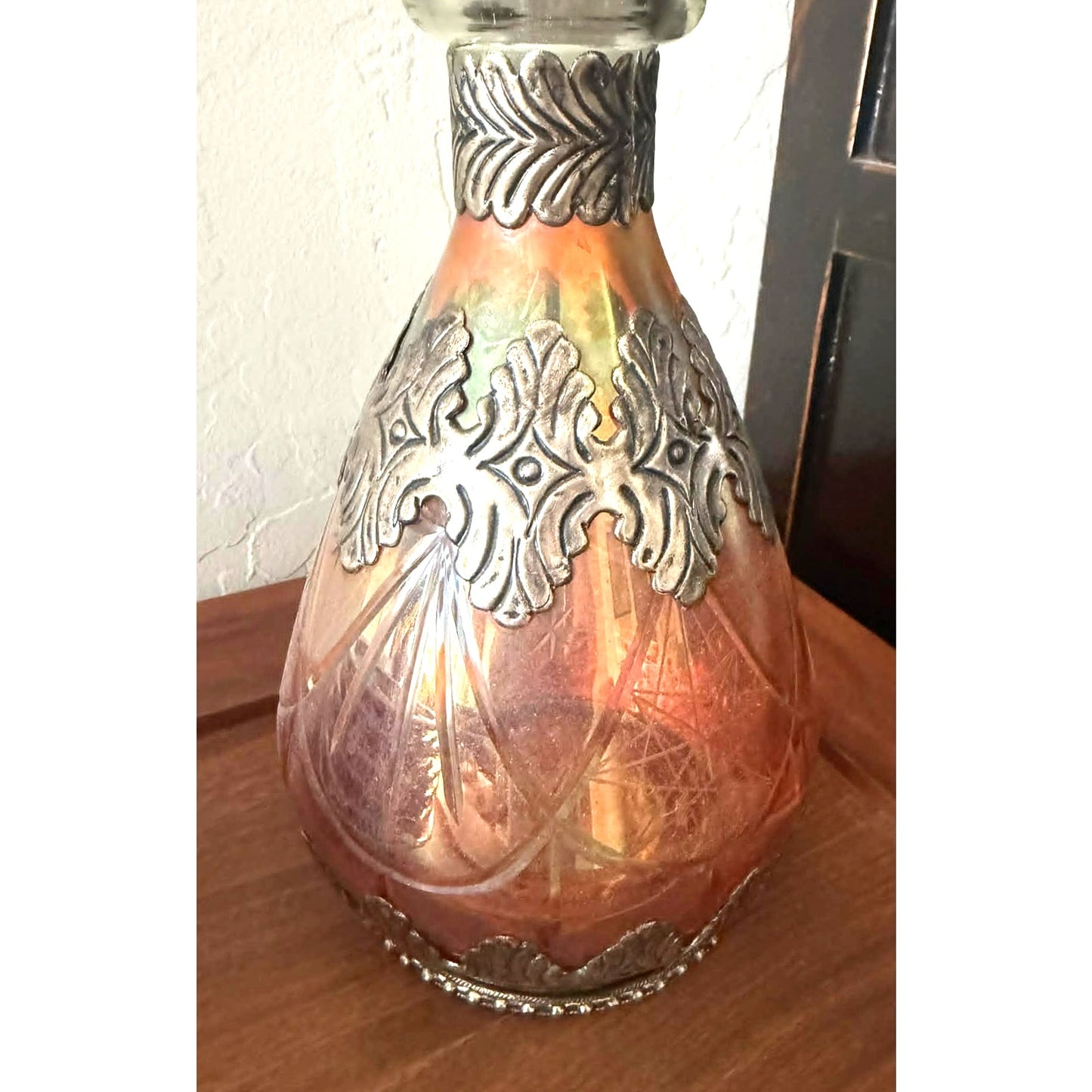 Vintage Iridescent Glass Decanter Silver Overlay