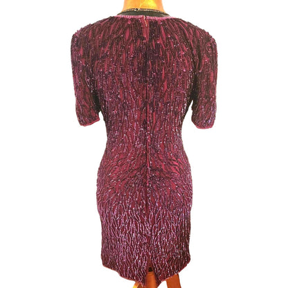 ONLY ONE!!! Vintage 1980s Sweelo Beaded Sequin Burgundy Dress ~ Size 8