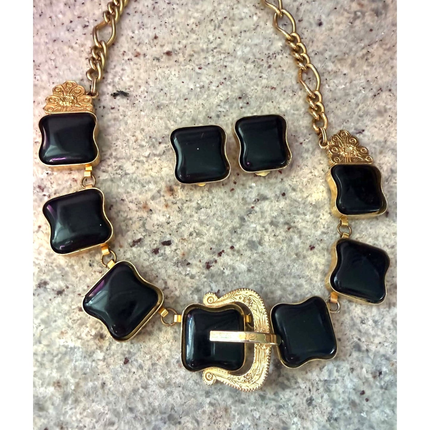 Vintage 1980s Black & Gold Statement Necklace & Earring Set