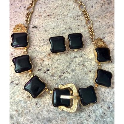 Vintage 1980s Black & Gold Statement Necklace & Earring Set