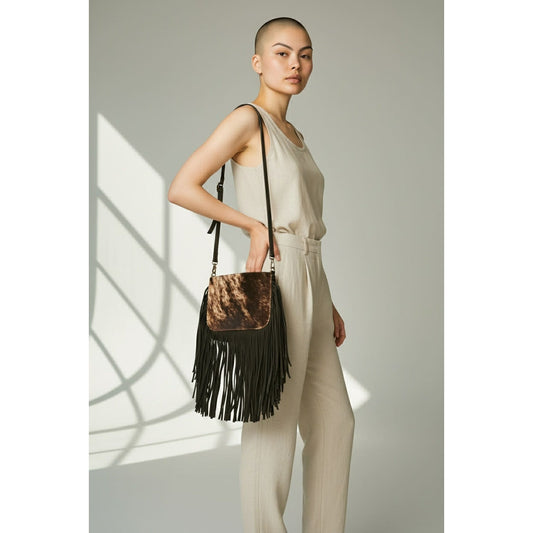 ONLY ONE!!! Origene Designer $495 Leather Fringe Crossbody Black/Cream Luxury Handbag