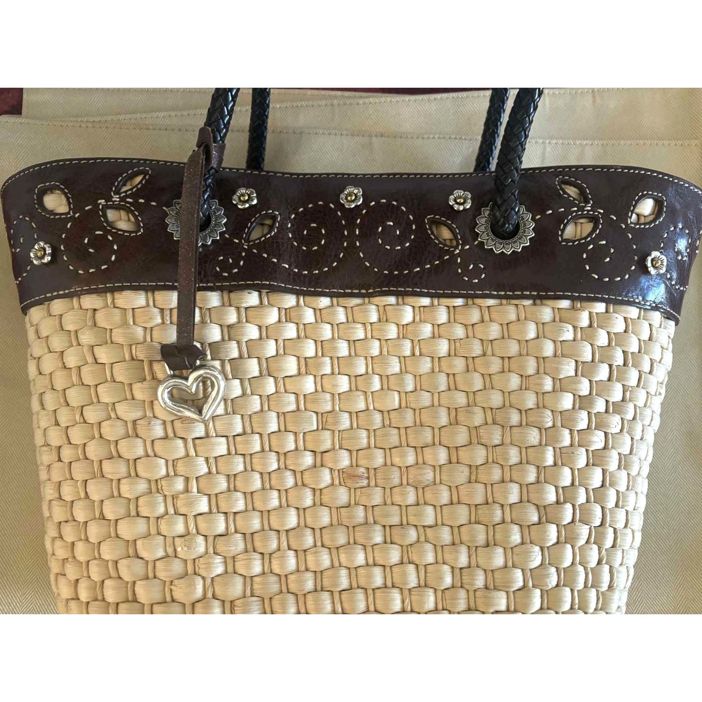 ONLY ONE!!! Brighton Straw & Brown Leather Tote Bag w/Silver Heart Charm