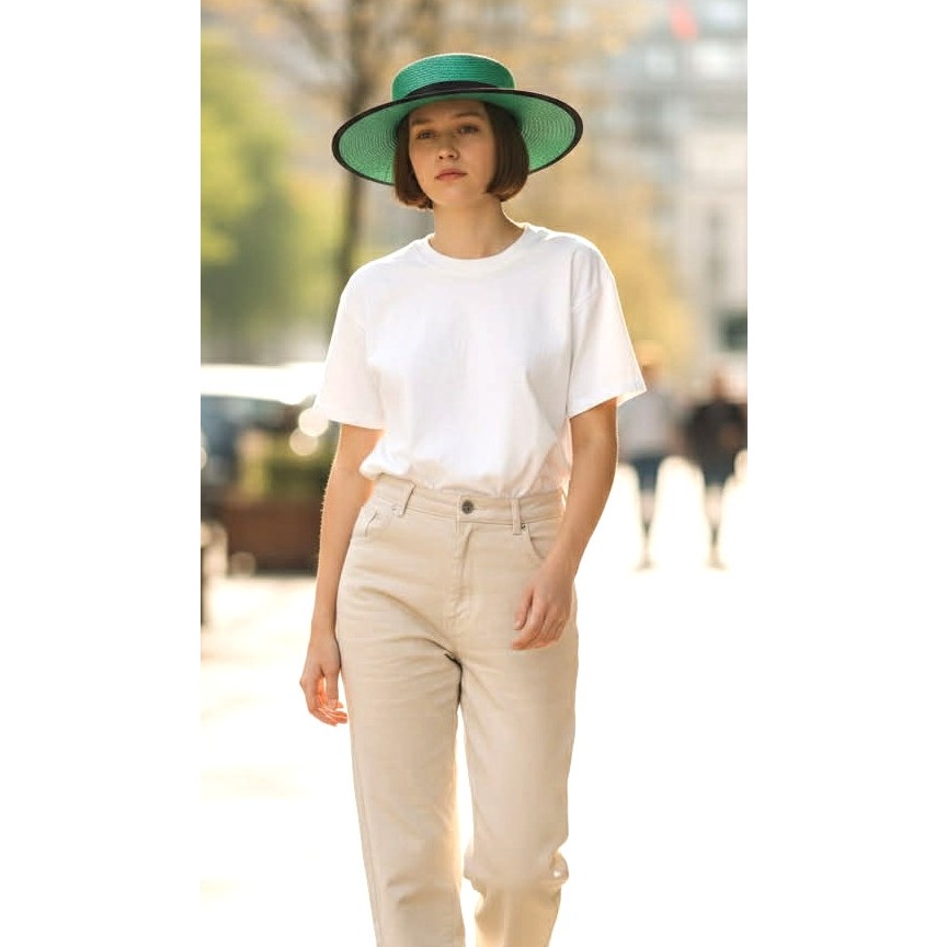 Vintage Green Boater Hat with Black Ribbon | M/L