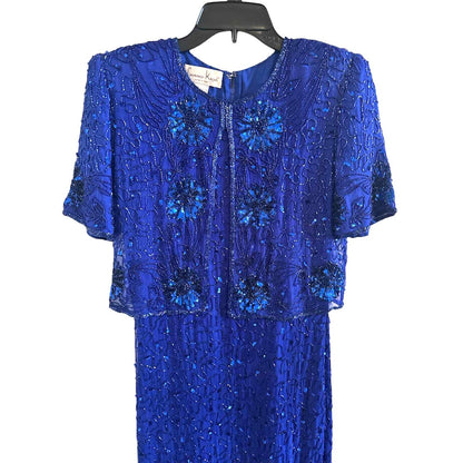 ONLY ONE!!! Vintage Laurence Kazar Full Length Cobalt Blue Beaded Silk Dress ~ Size S
