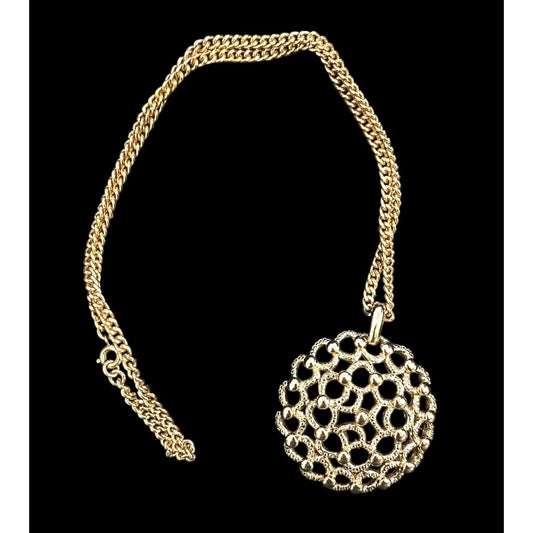 ONLY ONE!!! Vintage Monet Gold Tone Filigree Pendant Necklace Large Round Medallion