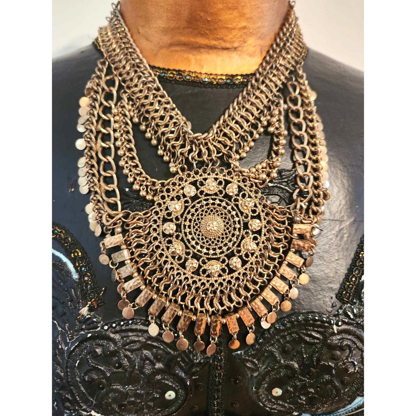 ONLY ONE!!! Vintage Gold Egyptian Revival Necklace Large Disc Circular Tassels Adjustable