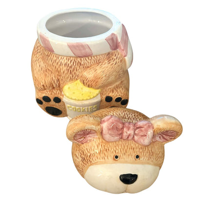 Vintage Cottage Bear Cookie Jar with Pink Bow | Made in Taiwan