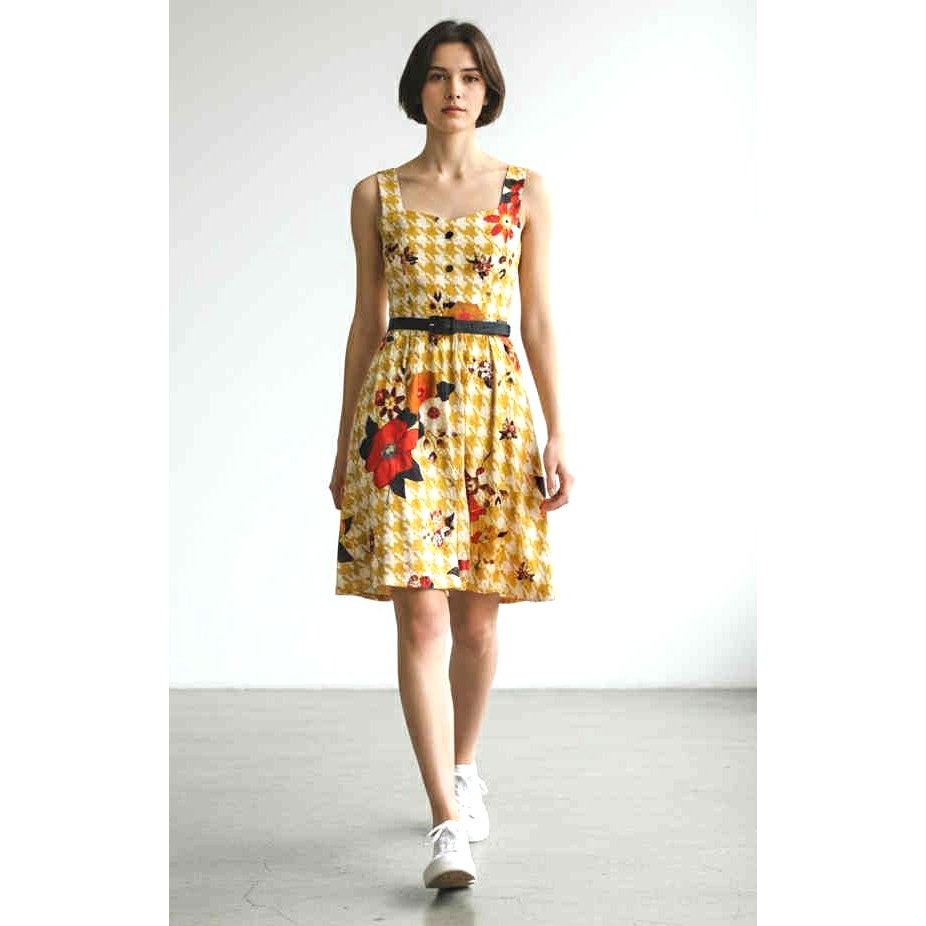 ModCloth Yellow Houndstooth Floral Fit & Flare Dress Size XS