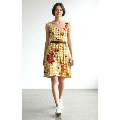 ModCloth Yellow Houndstooth Floral Fit & Flare Dress Size XS