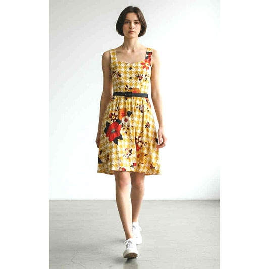 ModCloth Yellow Houndstooth Floral Fit & Flare Dress Size XS