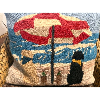 Hooked Wool Coastal Beach Throw Pillow Nautical Ocean Accent 15.5”