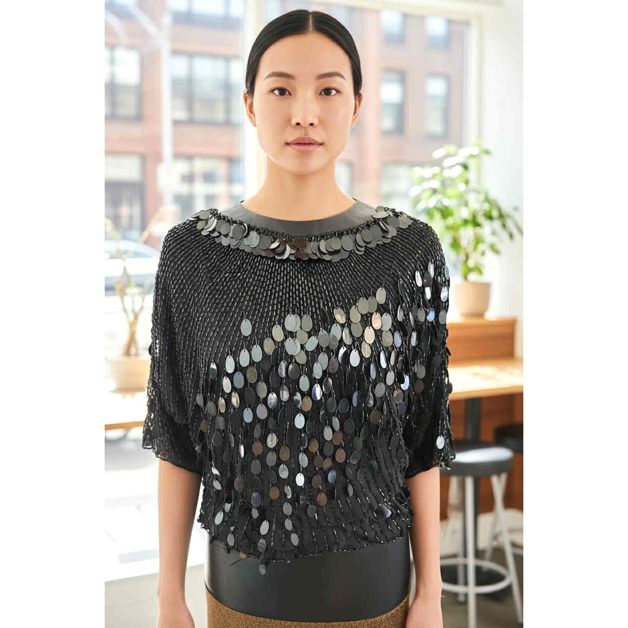 ONLY ONE!!! Vintage Oleg Cassini Black Sequin Beaded Silk Top ~ Size M/L