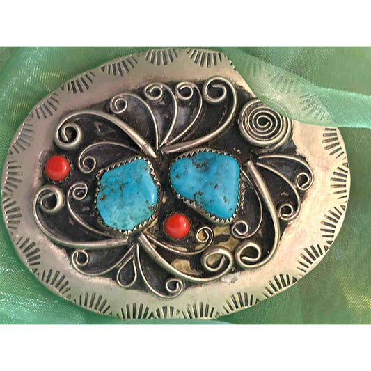 ONLY ONE!!! Vintage Navajo Sterling Silver Turquoise & Coral Oval Belt Buckle Southwest EUC