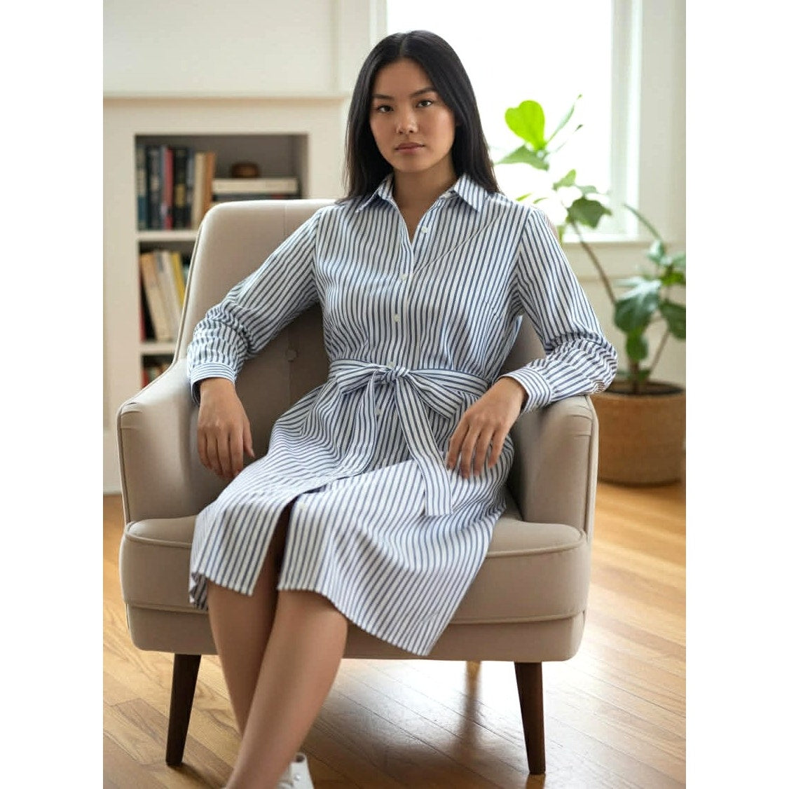 Brooks Brothers Blue Pinstripe Cotton Shirtdress with Contrast Cuffs