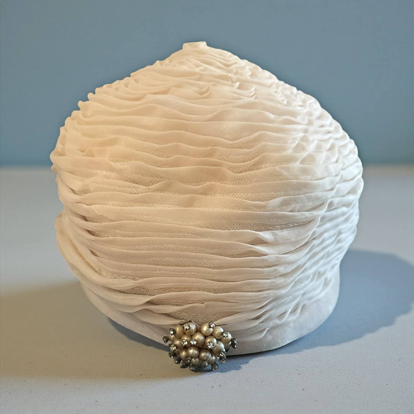 Mid-Century Ruched Chiffon Cocktail Hat with Pearl Brooch
