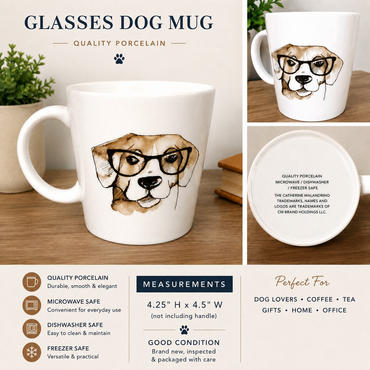 Catherine Malandrino Dog with Glasses Porcelain Coffee Mug