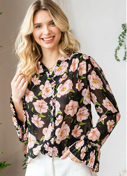 Black Floral Chiffon Blouse – Pleated Cuff Long Sleeve, First Love