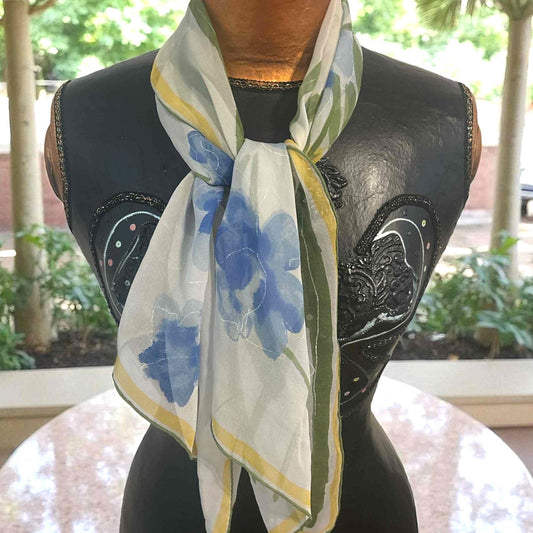 Vintage Vera Neumann Silk Chiffon Scarf Blue Floral Hand Rolled Japan Designer
